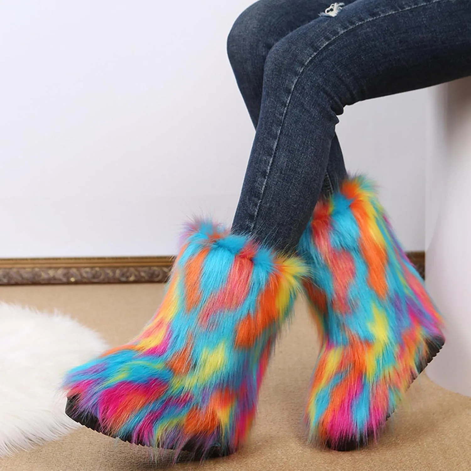 SACFOF Women's Faux Fur Boot Fashion Furry Fluffy Round Toe Mid Calf Snow Winter Boots Comfy Plush Warm Short Outdoor Indoor Flat Shoes