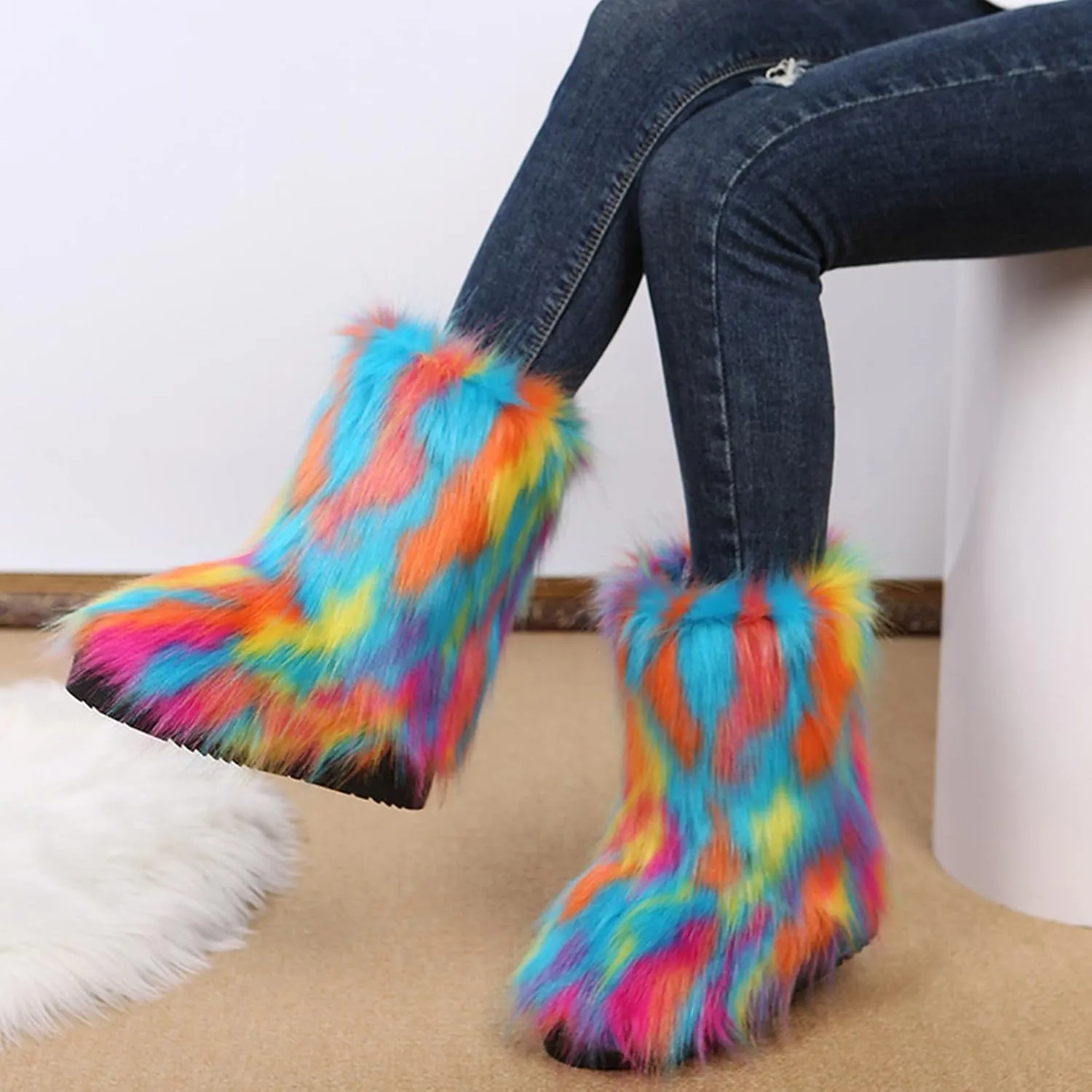 SACFOF Women's Faux Fur Boot Fashion Furry Fluffy Round Toe Mid Calf Snow Winter Boots Comfy Plush Warm Short Outdoor Indoor Flat Shoes
