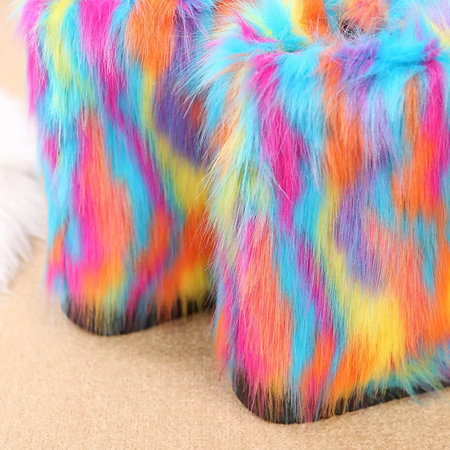 SACFOF Women's Faux Fur Boot Fashion Furry Fluffy Round Toe Mid Calf Snow Winter Boots Comfy Plush Warm Short Outdoor Indoor Flat Shoes