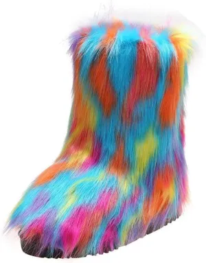 SACFOF Women's Faux Fur Boot Fashion Furry Fluffy Round Toe Mid Calf Snow Winter Boots Comfy Plush Warm Short Outdoor Indoor Flat Shoes