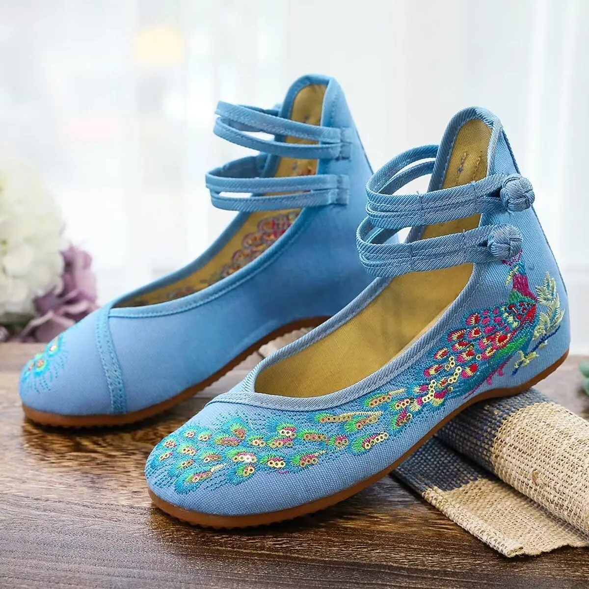 SAILING LU Womens Cute Embroidery Flats Traditional Chinese Height-Increasing Mary Janes Comfy Cosplay Low-Heel Party Shoes
