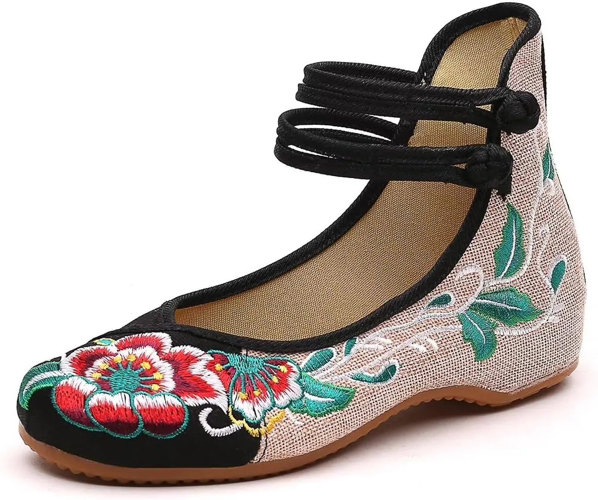 SAILING LU Womens Cute Embroidery Flats Traditional Chinese Height-Increasing Mary Janes Comfy Cosplay Low-Heel Party Shoes