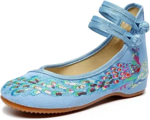 SAILING LU Womens Cute Embroidery Flats Traditional Chinese Height-Increasing Mary Janes Comfy Cosplay Low-Heel Party Shoes