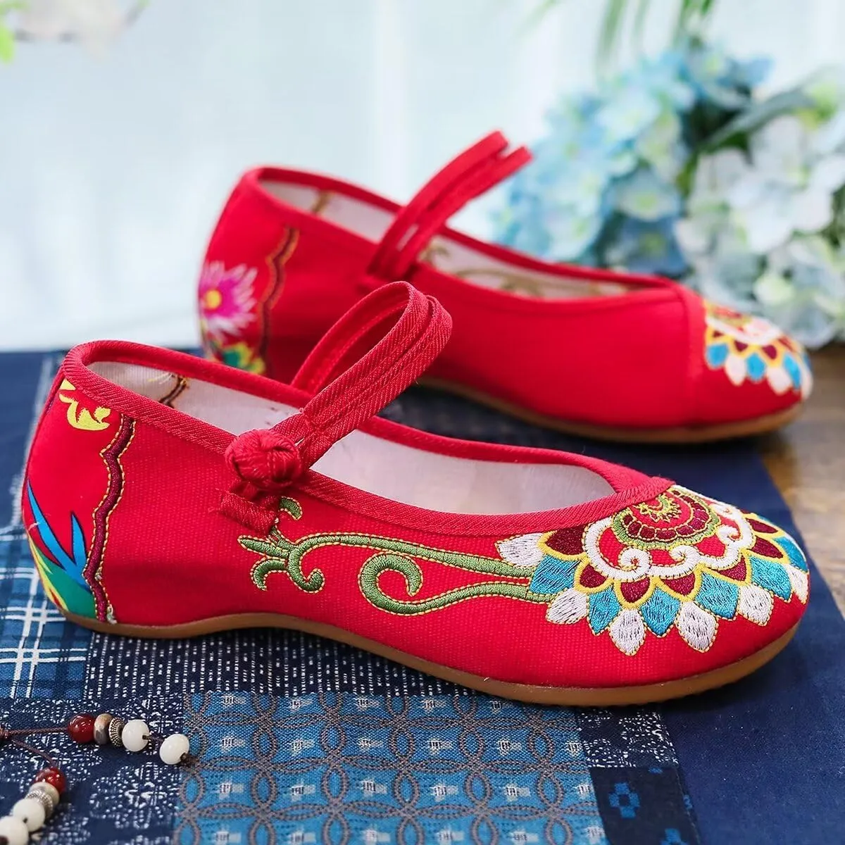SAILING LU Womens Cute Embroidery Flats Traditional Chinese Height-Increasing Mary Janes Comfy Cosplay Low-Heel Party Shoes