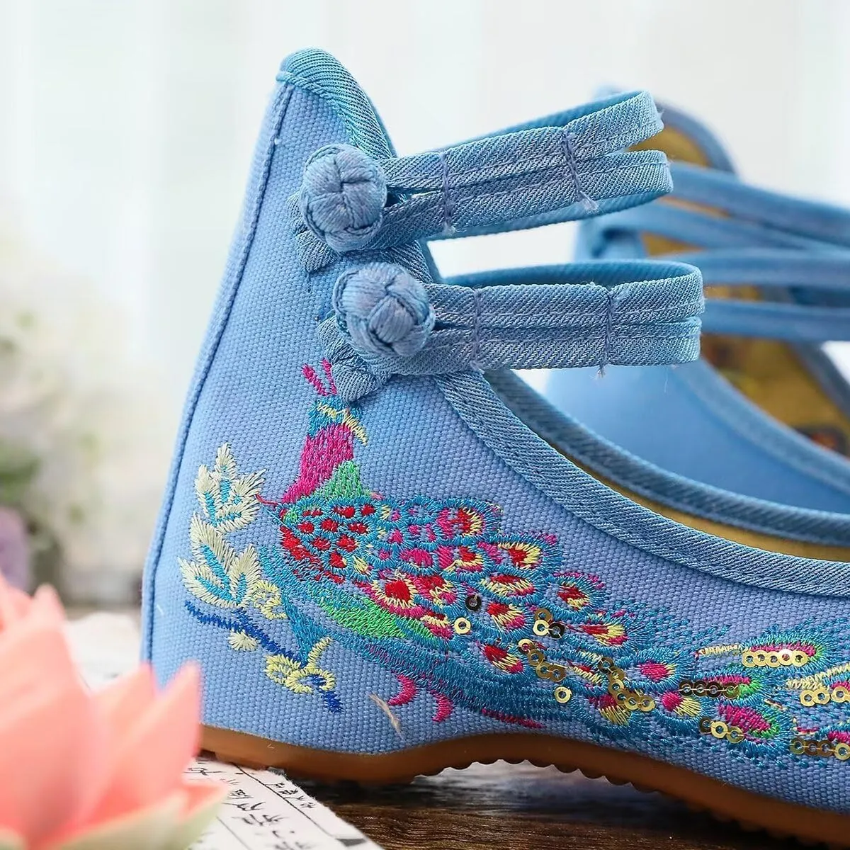 SAILING LU Womens Cute Embroidery Flats Traditional Chinese Height-Increasing Mary Janes Comfy Cosplay Low-Heel Party Shoes