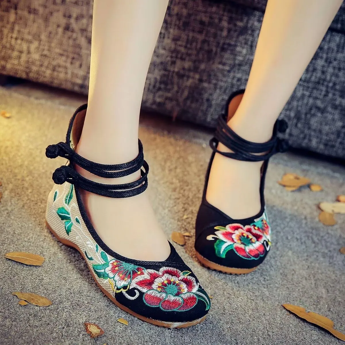 SAILING LU Womens Cute Embroidery Flats Traditional Chinese Height-Increasing Mary Janes Comfy Cosplay Low-Heel Party Shoes