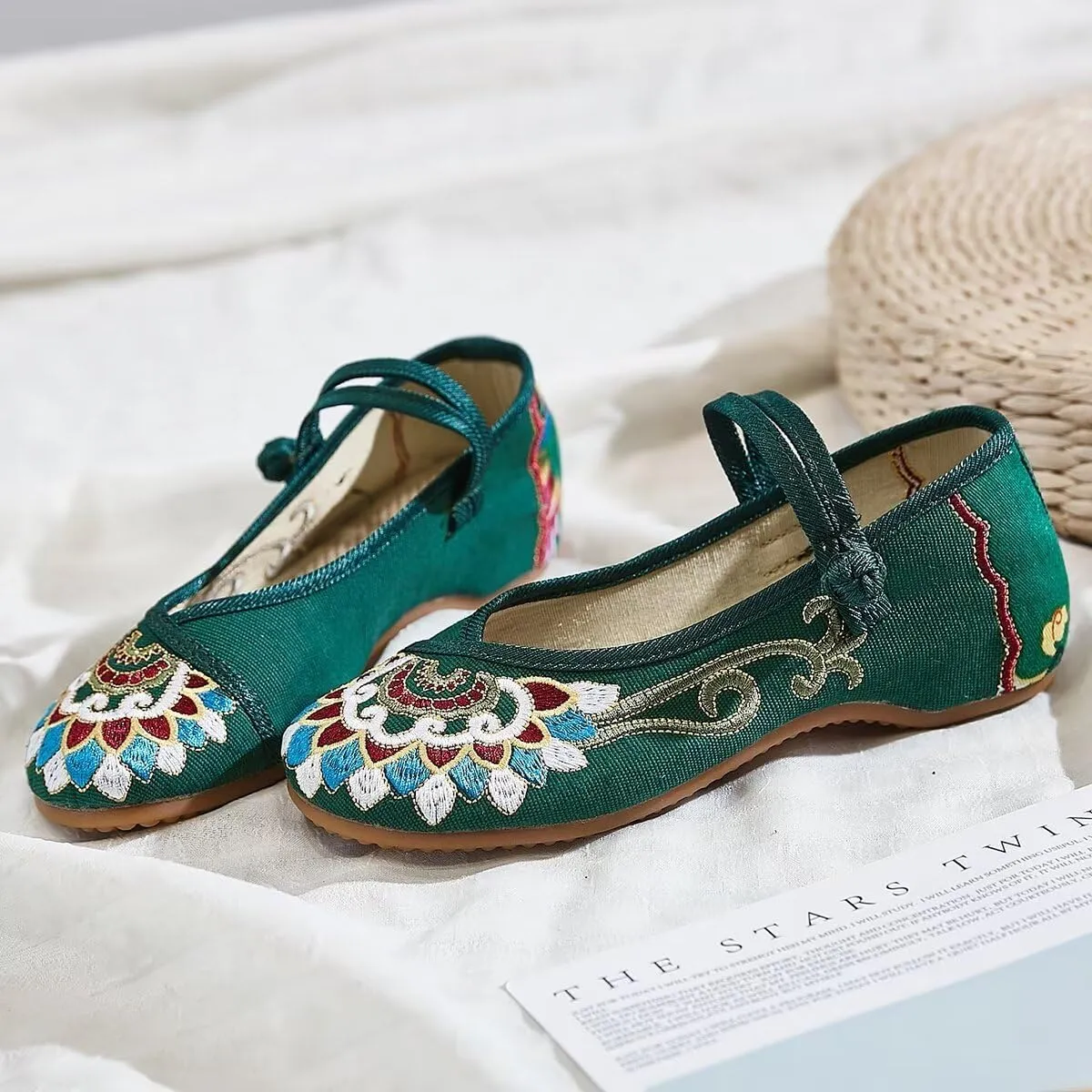 SAILING LU Womens Cute Embroidery Flats Traditional Chinese Height-Increasing Mary Janes Comfy Cosplay Low-Heel Party Shoes