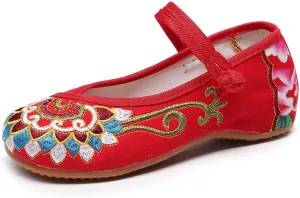 SAILING LU Womens Cute Embroidery Flats Traditional Chinese Height-Increasing Mary Janes Comfy Cosplay Low-Heel Party Shoes