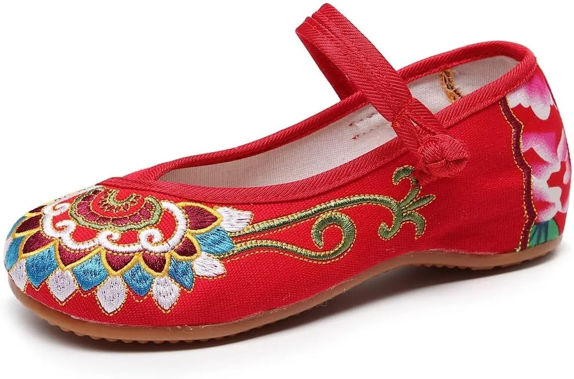 SAILING LU Womens Cute Embroidery Flats Traditional Chinese Height-Increasing Mary Janes Comfy Cosplay Low-Heel Party Shoes