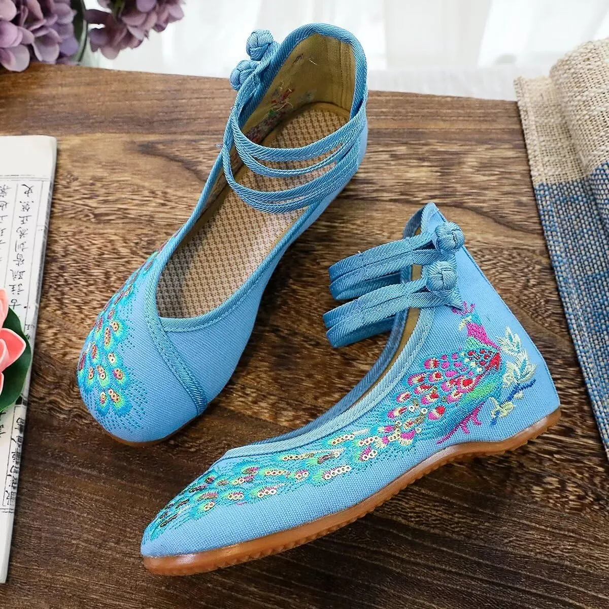 SAILING LU Womens Cute Embroidery Flats Traditional Chinese Height-Increasing Mary Janes Comfy Cosplay Low-Heel Party Shoes