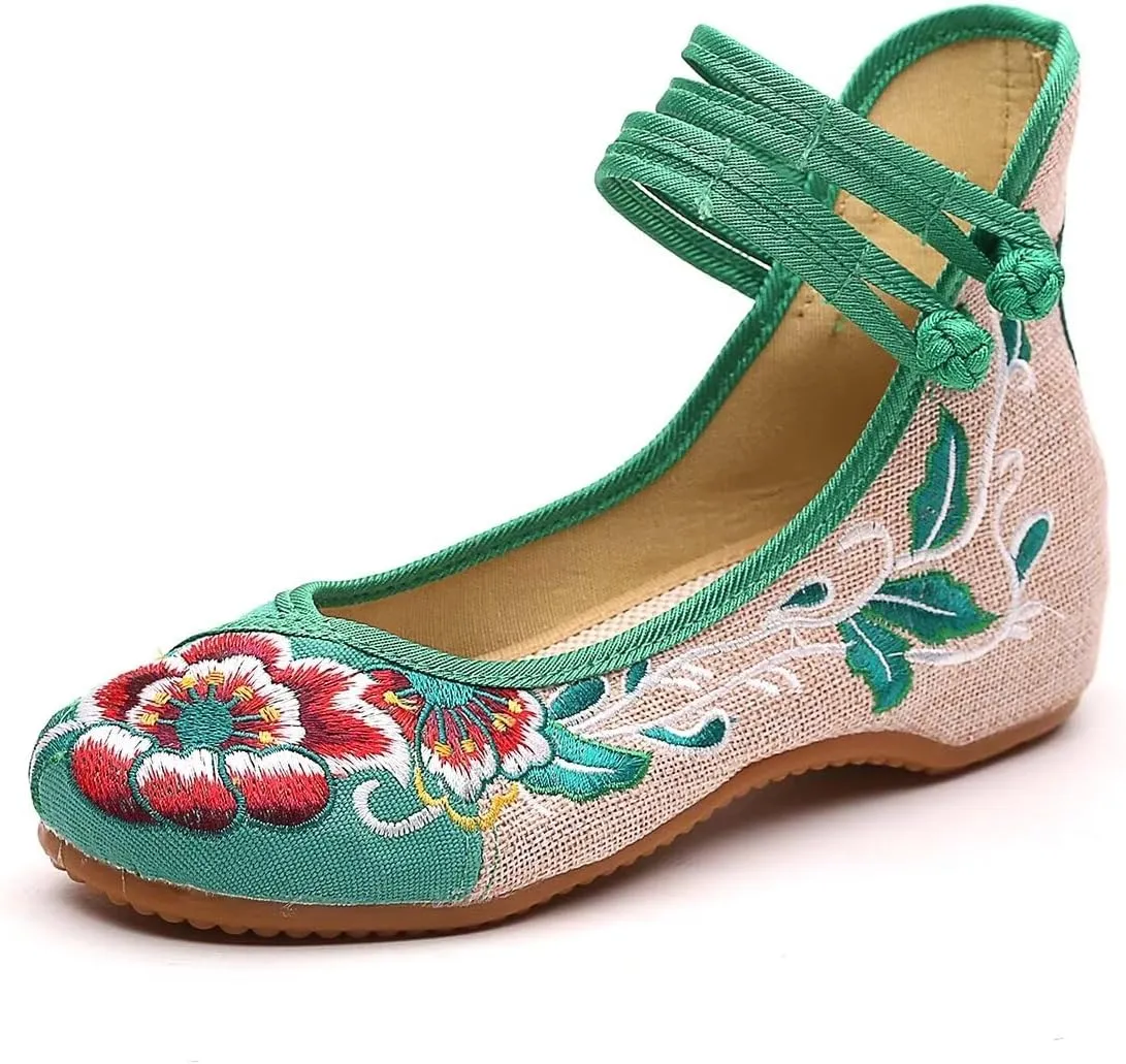 SAILING LU Womens Cute Embroidery Flats Traditional Chinese Height-Increasing Mary Janes Comfy Cosplay Low-Heel Party Shoes