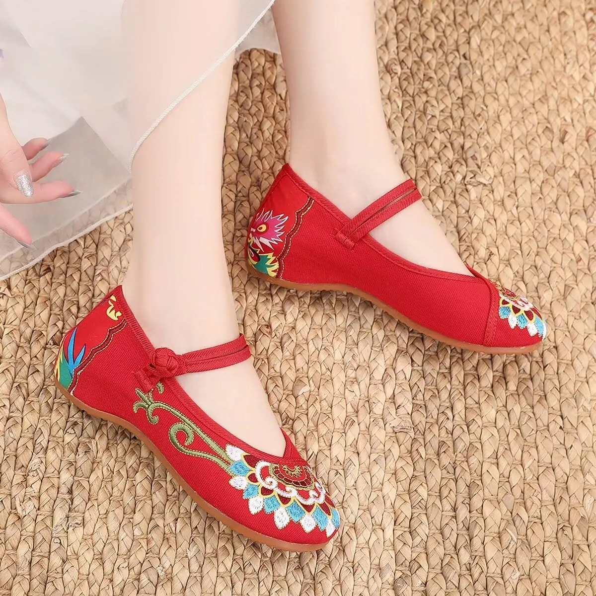 SAILING LU Womens Cute Embroidery Flats Traditional Chinese Height-Increasing Mary Janes Comfy Cosplay Low-Heel Party Shoes