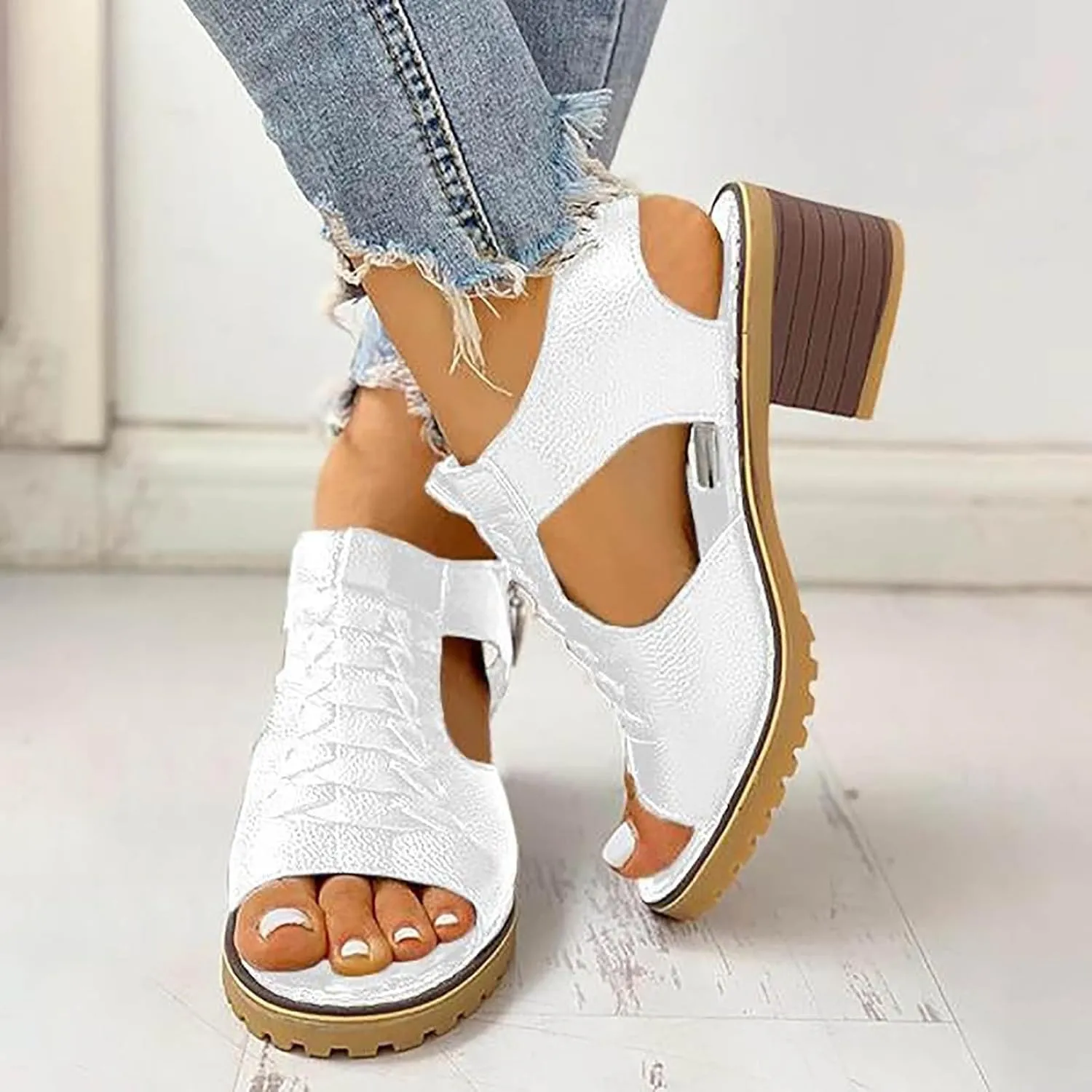 Sandals for Women 2024 Chunky Low Heels PU Heeled Sandals Summer Fashion Open Toe Zip Up Pure Color Sandals Women