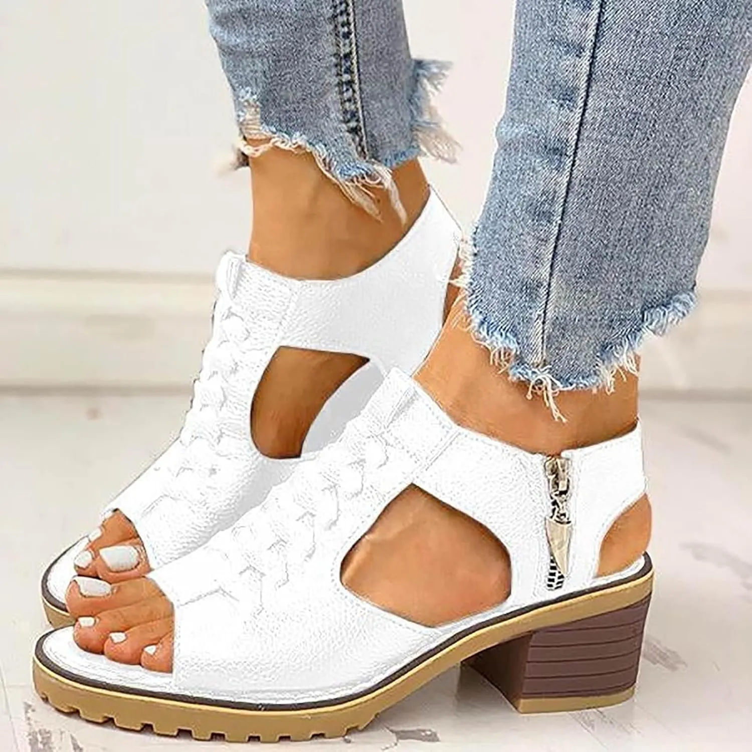 Sandals for Women 2024 Chunky Low Heels PU Heeled Sandals Summer Fashion Open Toe Zip Up Pure Color Sandals Women