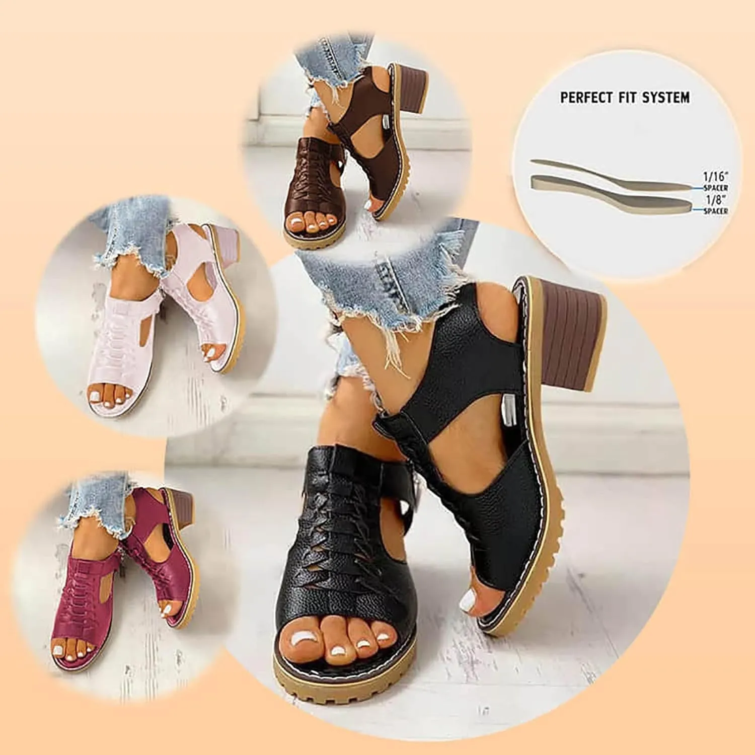 Sandals for Women 2024 Chunky Low Heels PU Heeled Sandals Summer Fashion Open Toe Zip Up Pure Color Sandals Women