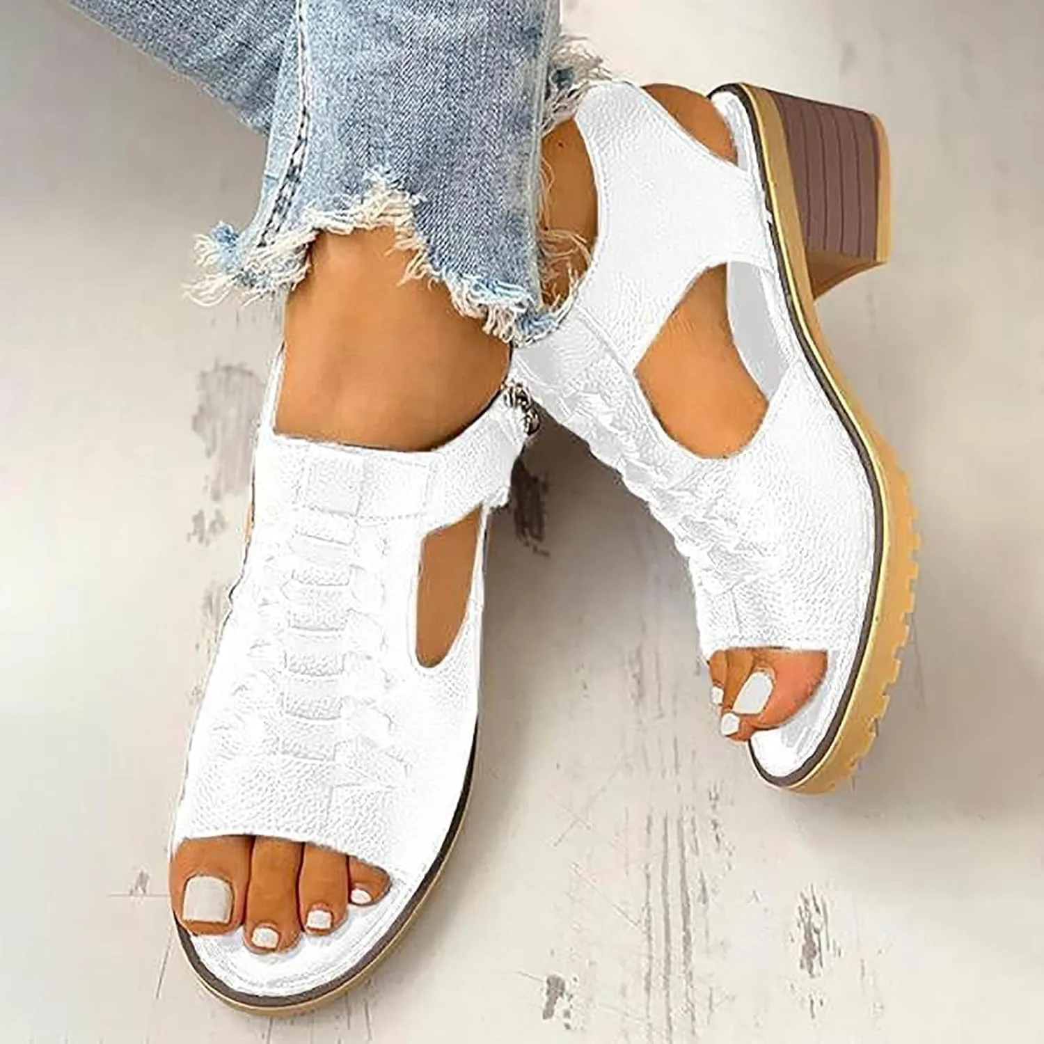 Sandals for Women 2024 Chunky Low Heels PU Heeled Sandals Summer Fashion Open Toe Zip Up Pure Color Sandals Women