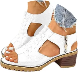 Sandals for Women 2024 Chunky Low Heels PU Heeled Sandals Summer Fashion Open Toe Zip Up Pure Color Sandals Women
