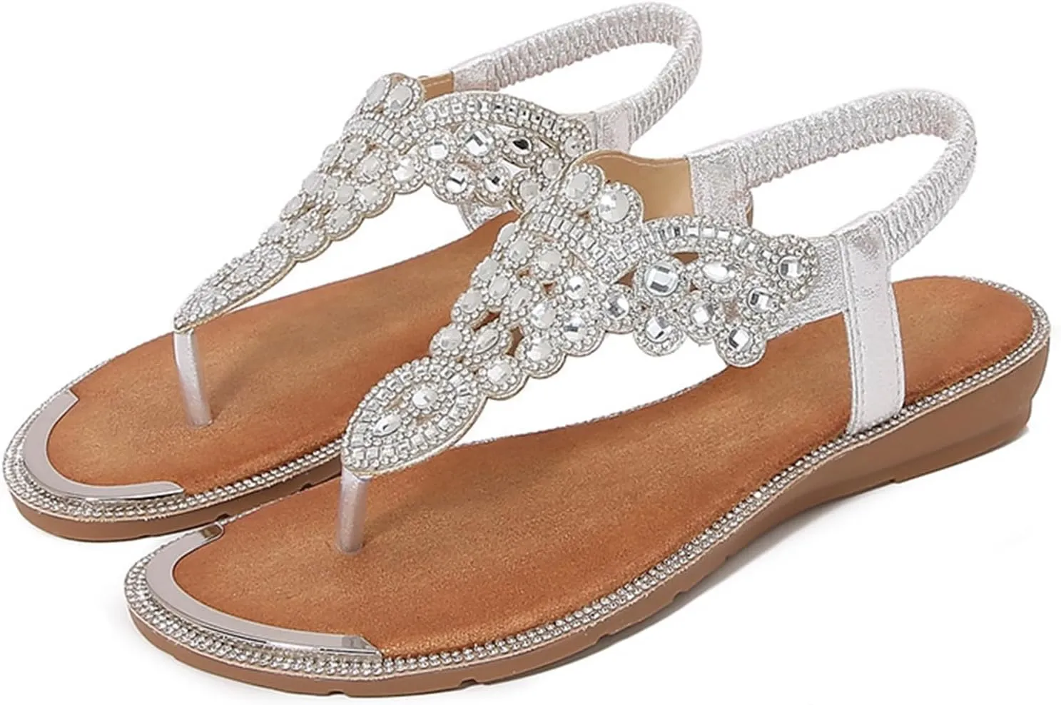 Thong Sandals for Women Beach Bohemian Flat Sandals T-Strap Summer Glitter Beaded Elastic Flip-Flop Dressy Shoes