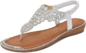 Thong Sandals for Women Beach Bohemian Flat Sandals T-Strap Summer Glitter Beaded Elastic Flip-Flop Dressy Shoes