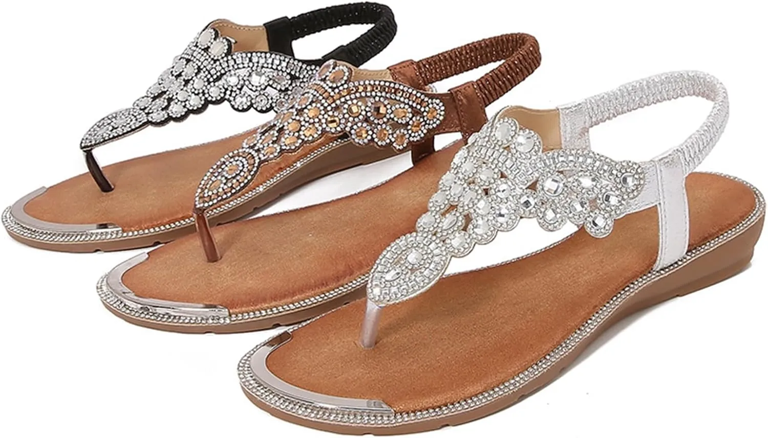 Thong Sandals for Women Beach Bohemian Flat Sandals T-Strap Summer Glitter Beaded Elastic Flip-Flop Dressy Shoes