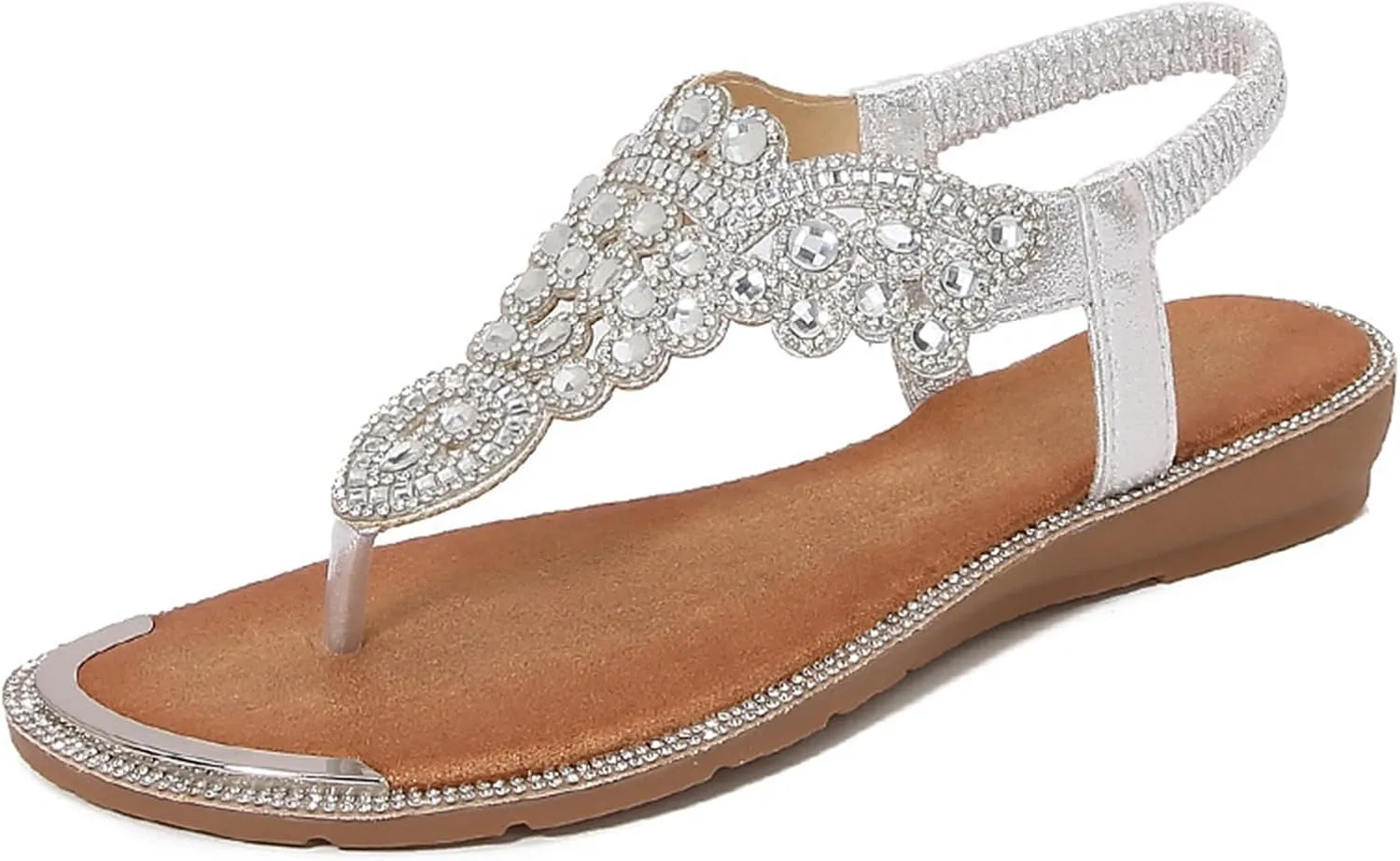 Thong Sandals for Women Beach Bohemian Flat Sandals T-Strap Summer Glitter Beaded Elastic Flip-Flop Dressy Shoes