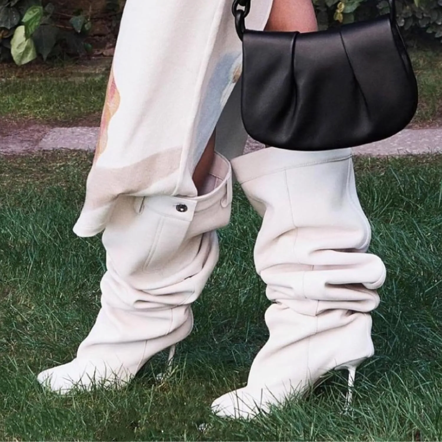 Vertundy Women's X-Wide Calf Knee High Boots Square Toe Gourd Shaped Heel Long Boot Designer Denim Buckle Boots for 2023 Winter Sexy Fashion Shoes