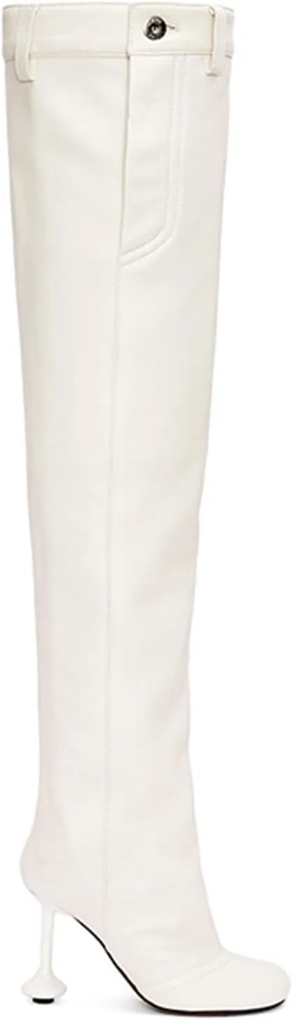 Vertundy Women's X-Wide Calf Knee High Boots Square Toe Gourd Shaped Heel Long Boot Designer Denim Buckle Boots for 2023 Winter Sexy Fashion Shoes