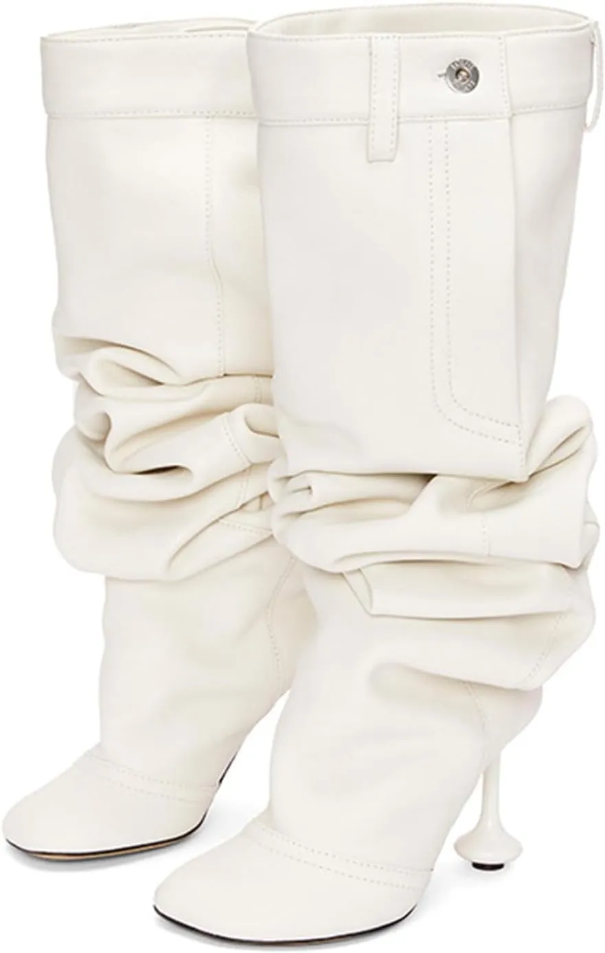 Vertundy Women's X-Wide Calf Knee High Boots Square Toe Gourd Shaped Heel Long Boot Designer Denim Buckle Boots for 2023 Winter Sexy Fashion Shoes