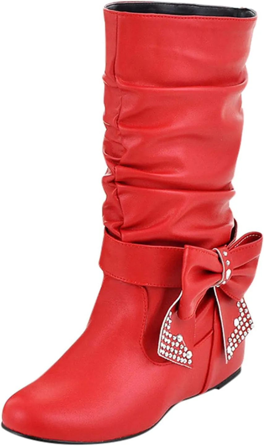 Winter Boots For Women Retro Solid Color Thigh High Boots Pleated Suede Chunky Heeled Knee High Cowgirl Boots
