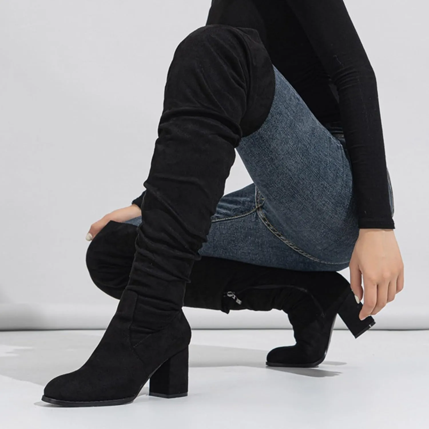 Winter Boots For Women Square Heel Over Knee Boots Suede Zipper Thigh High Boots Chunky Heeled Tall Long Boots