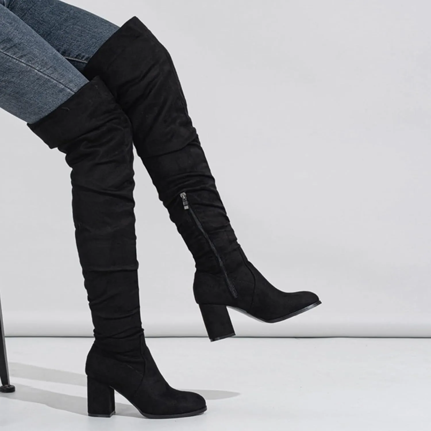 Winter Boots For Women Square Heel Over Knee Boots Suede Zipper Thigh High Boots Chunky Heeled Tall Long Boots