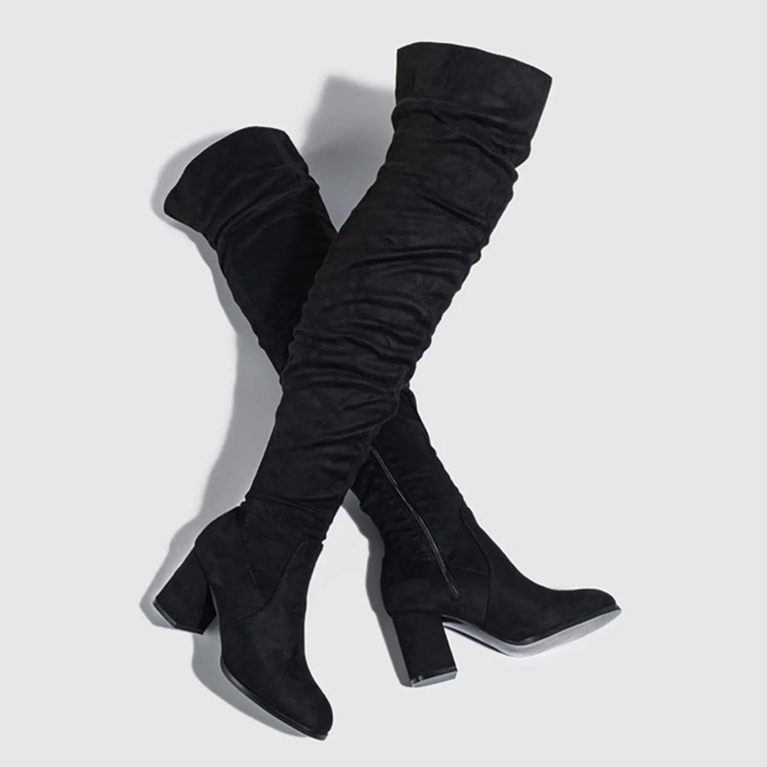 Winter Boots For Women Square Heel Over Knee Boots Suede Zipper Thigh High Boots Chunky Heeled Tall Long Boots