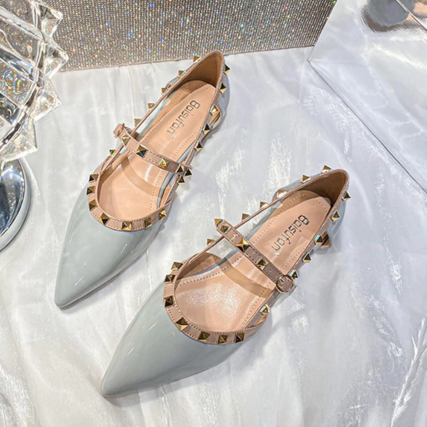 Women's Patent Leather Pointed Studs Mary Jane Flats Closed Toe Hollow Out Adjustable Buckle Casual Walking Shoes for Wedding Parties Formal Occasions