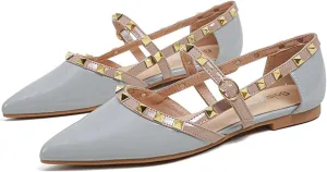 Women's Patent Leather Pointed Studs Mary Jane Flats Closed Toe Hollow Out Adjustable Buckle Casual Walking Shoes for Wedding Parties Formal Occasions