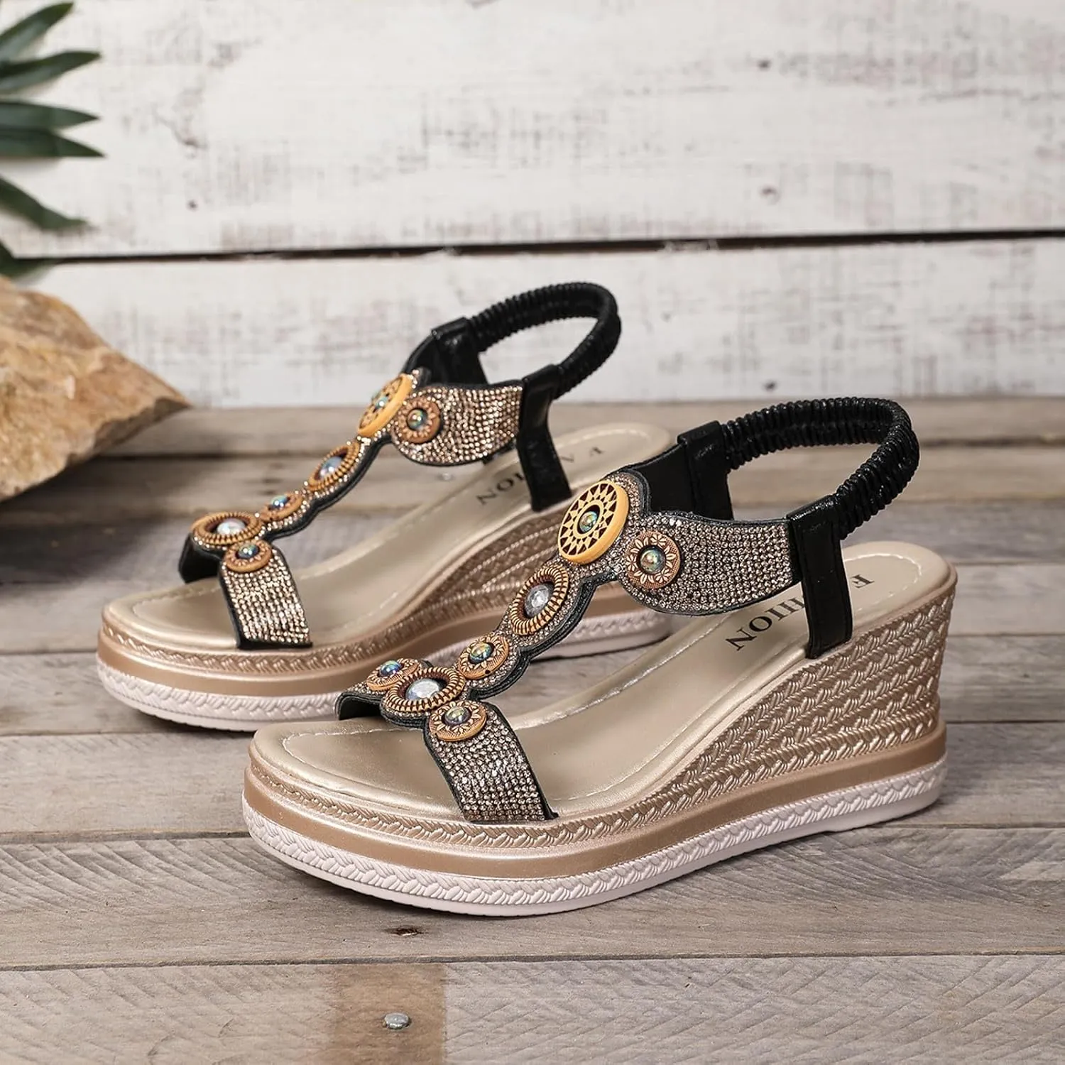 Womens Wedge Dressy Sandals,Open Toe Espadrilles Platform Slides Dressy High Heel Beach Summer Sandals Outdoor Non Slip Beach Vacation Comfortable Walking Elastic Ankle Strap Sandals