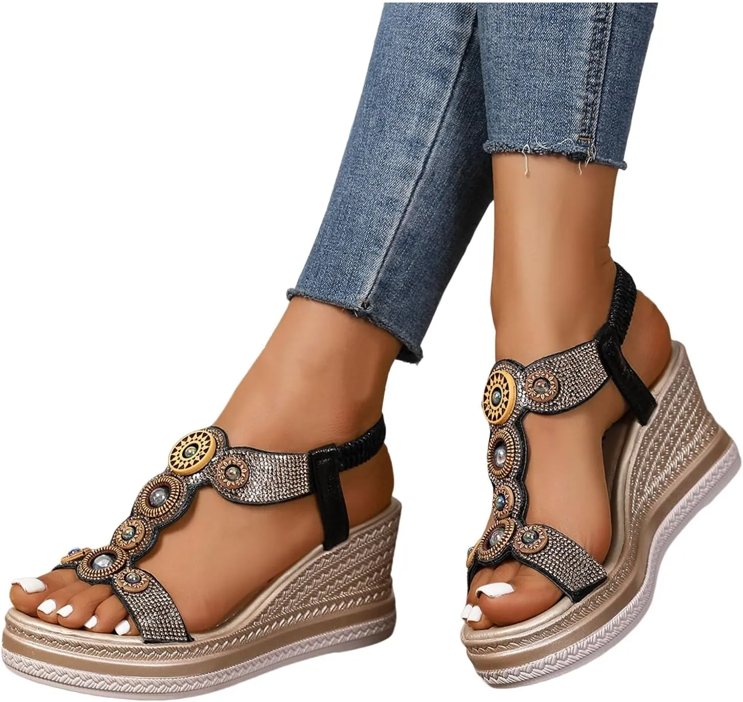 Womens Wedge Dressy Sandals,Open Toe Espadrilles Platform Slides Dressy High Heel Beach Summer Sandals Outdoor Non Slip Beach Vacation Comfortable Walking Elastic Ankle Strap Sandals