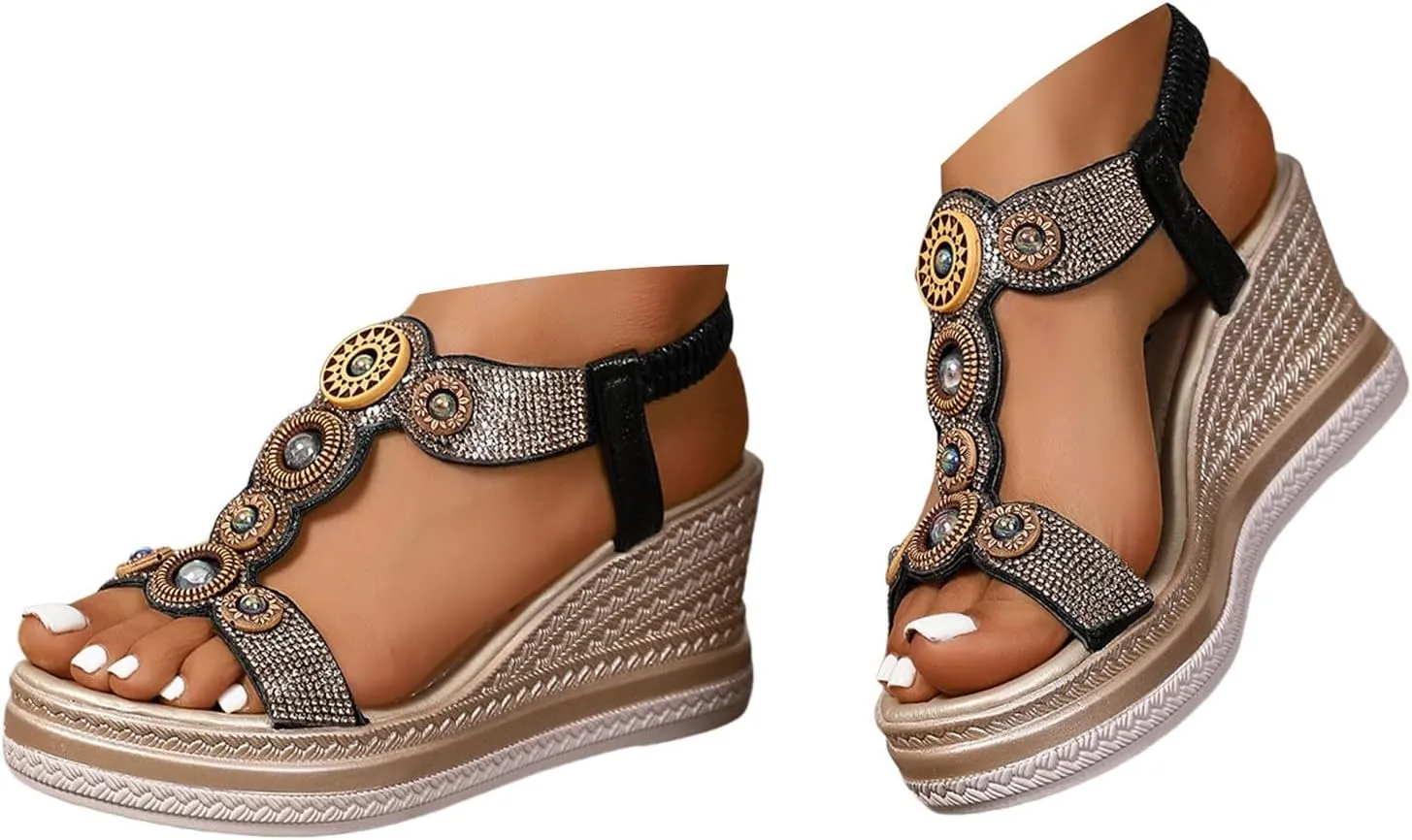 Womens Wedge Dressy Sandals,Open Toe Espadrilles Platform Slides Dressy High Heel Beach Summer Sandals Outdoor Non Slip Beach Vacation Comfortable Walking Elastic Ankle Strap Sandals