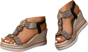 Womens Wedge Dressy Sandals,Open Toe Espadrilles Platform Slides Dressy High Heel Beach Summer Sandals Outdoor Non Slip Beach Vacation Comfortable Walking Elastic Ankle Strap Sandals