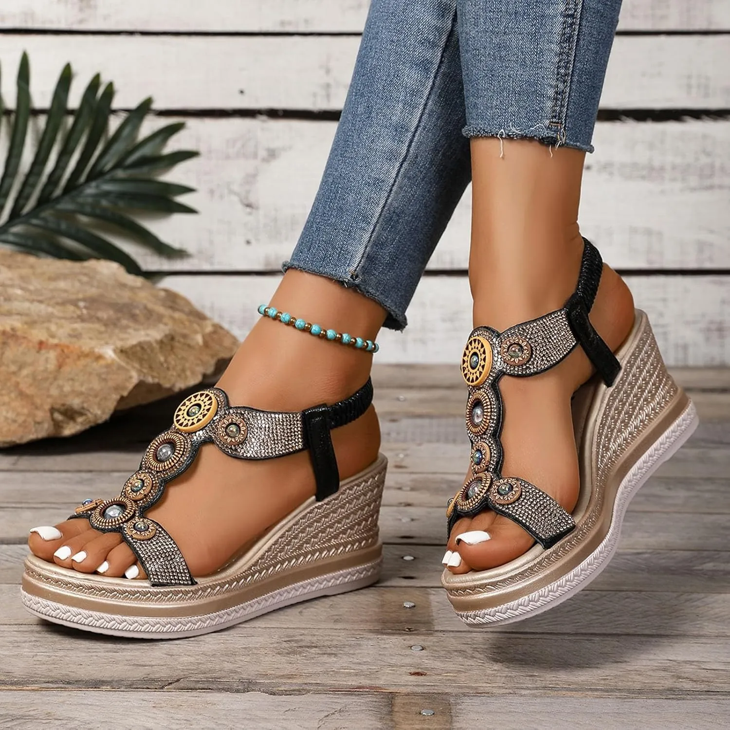 Womens Wedge Dressy Sandals,Open Toe Espadrilles Platform Slides Dressy High Heel Beach Summer Sandals Outdoor Non Slip Beach Vacation Comfortable Walking Elastic Ankle Strap Sandals