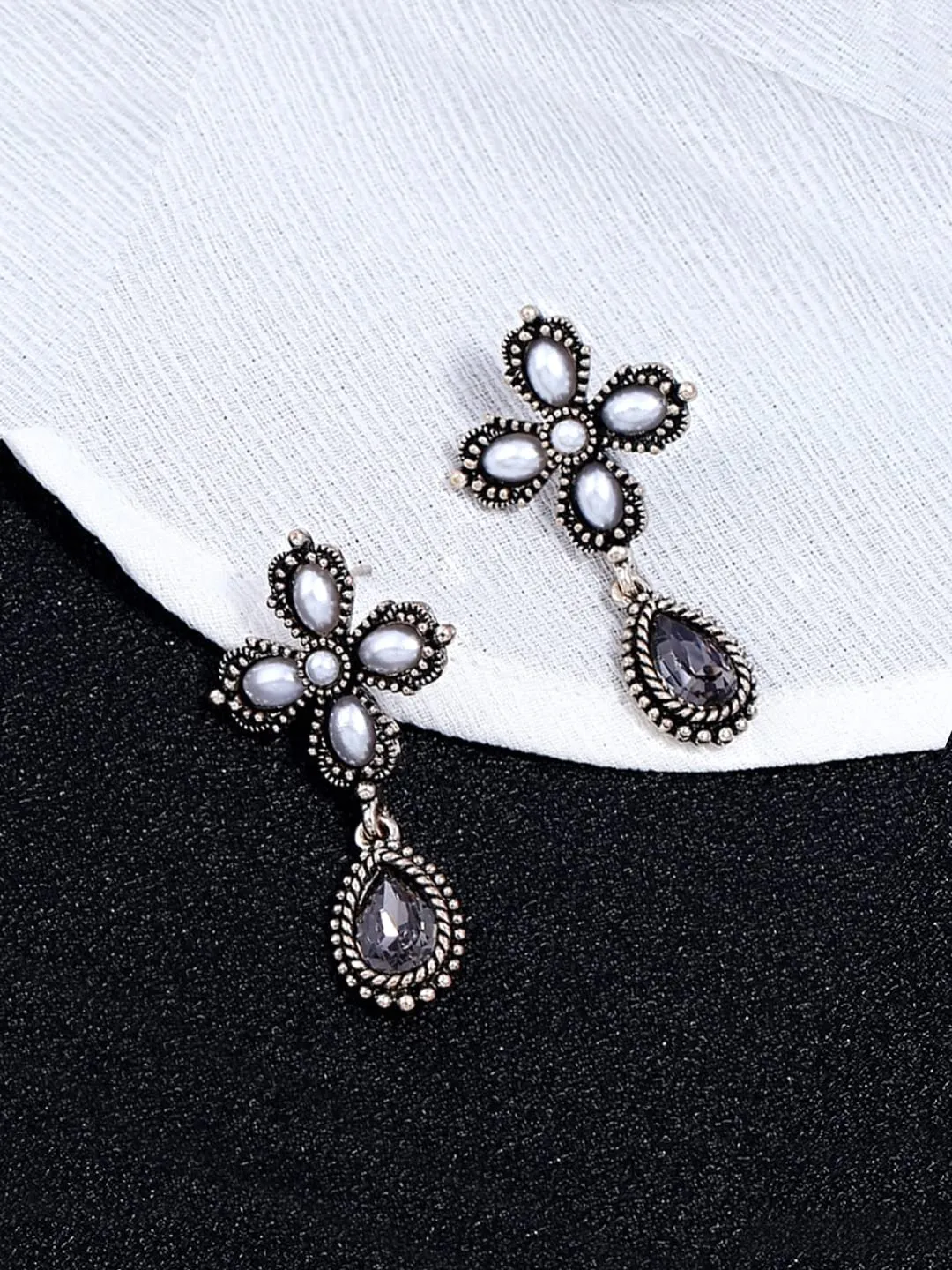 Yellow Chimes Floral Earrings for Women Oxidised Silver-Plated Floral Drop Earrings For Women and Girls