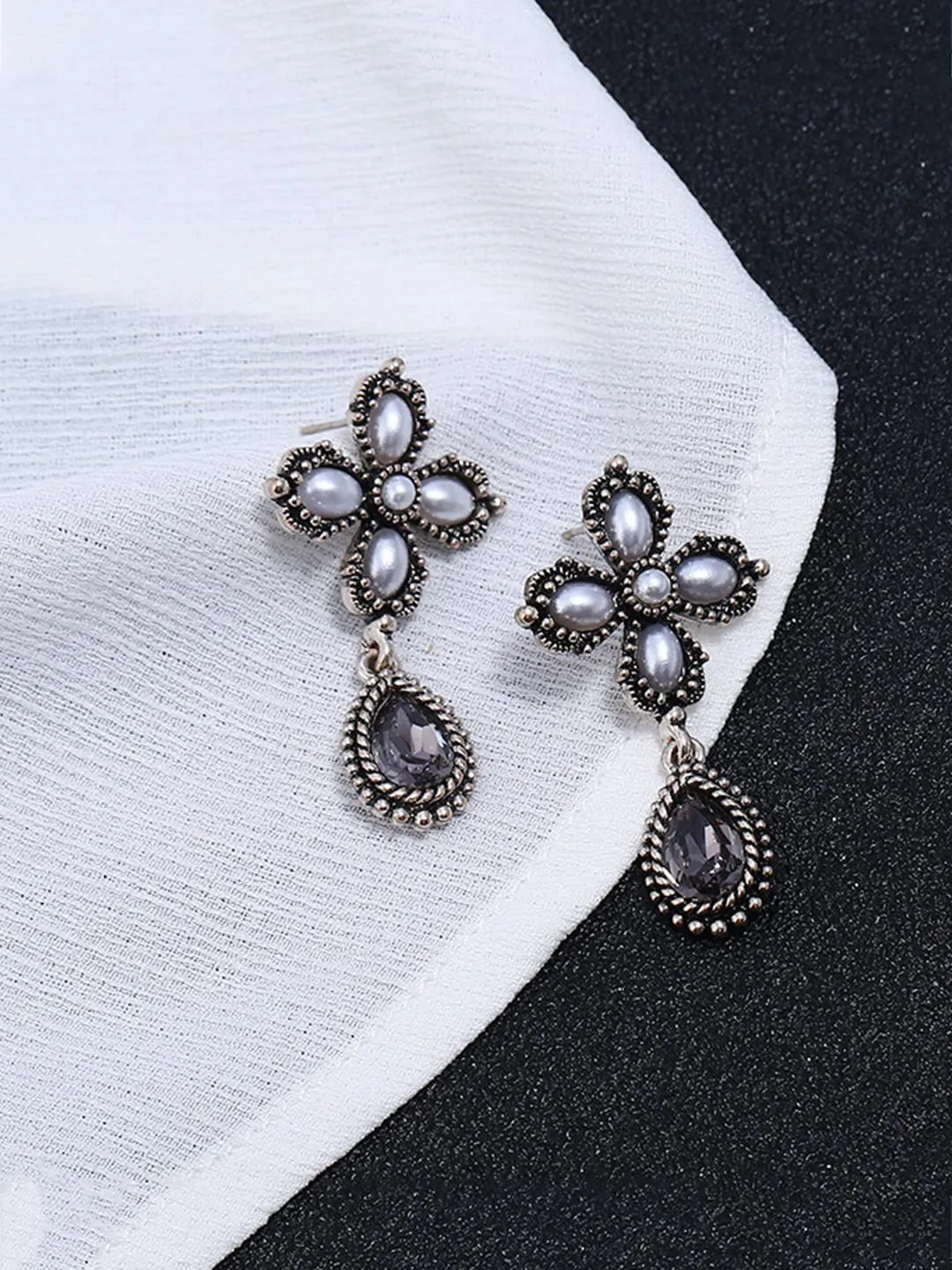 Yellow Chimes Floral Earrings for Women Oxidised Silver-Plated Floral Drop Earrings For Women and Girls