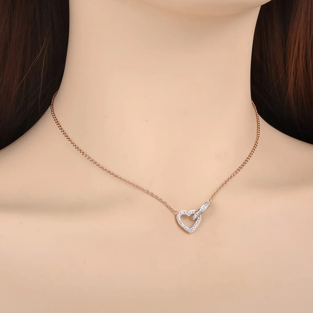 Yellow Chimes Necklace Set for Women Jewellery for Women Gold Toned Heart Shaped Crystal Studded Dual Heart Pendant Necklace Set with Earrings for Women and Girls (DE 7)