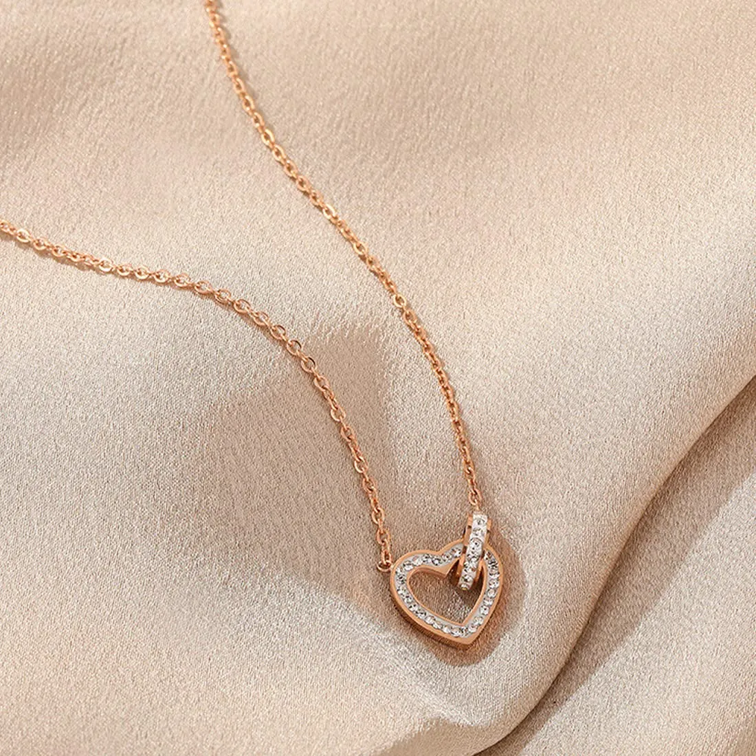 Yellow Chimes Necklace Set for Women Jewellery for Women Gold Toned Heart Shaped Crystal Studded Dual Heart Pendant Necklace Set with Earrings for Women and Girls (DE 7)