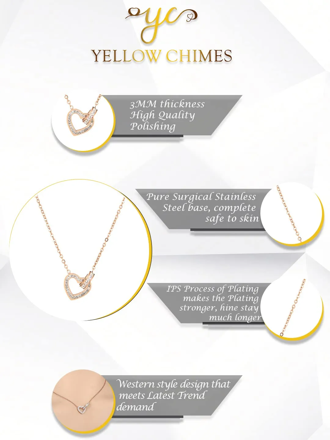 Yellow Chimes Necklace Set for Women Jewellery for Women Gold Toned Heart Shaped Crystal Studded Dual Heart Pendant Necklace Set with Earrings for Women and Girls (DE 7)